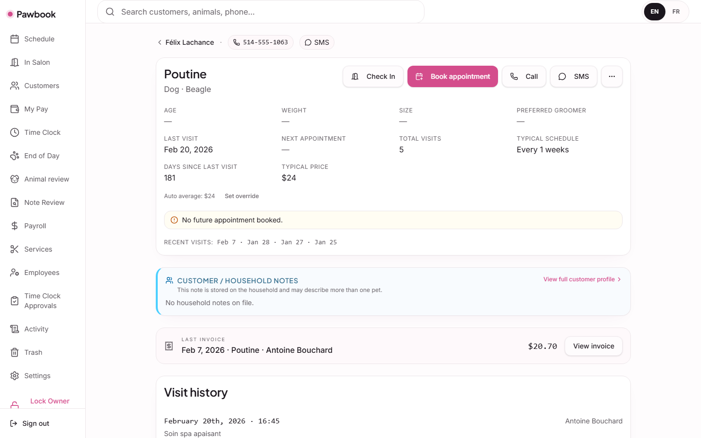 PawBook pet profile showing visit history and typical price