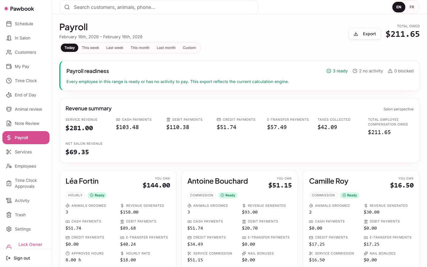 PawBook payroll showing hourly and commission pay